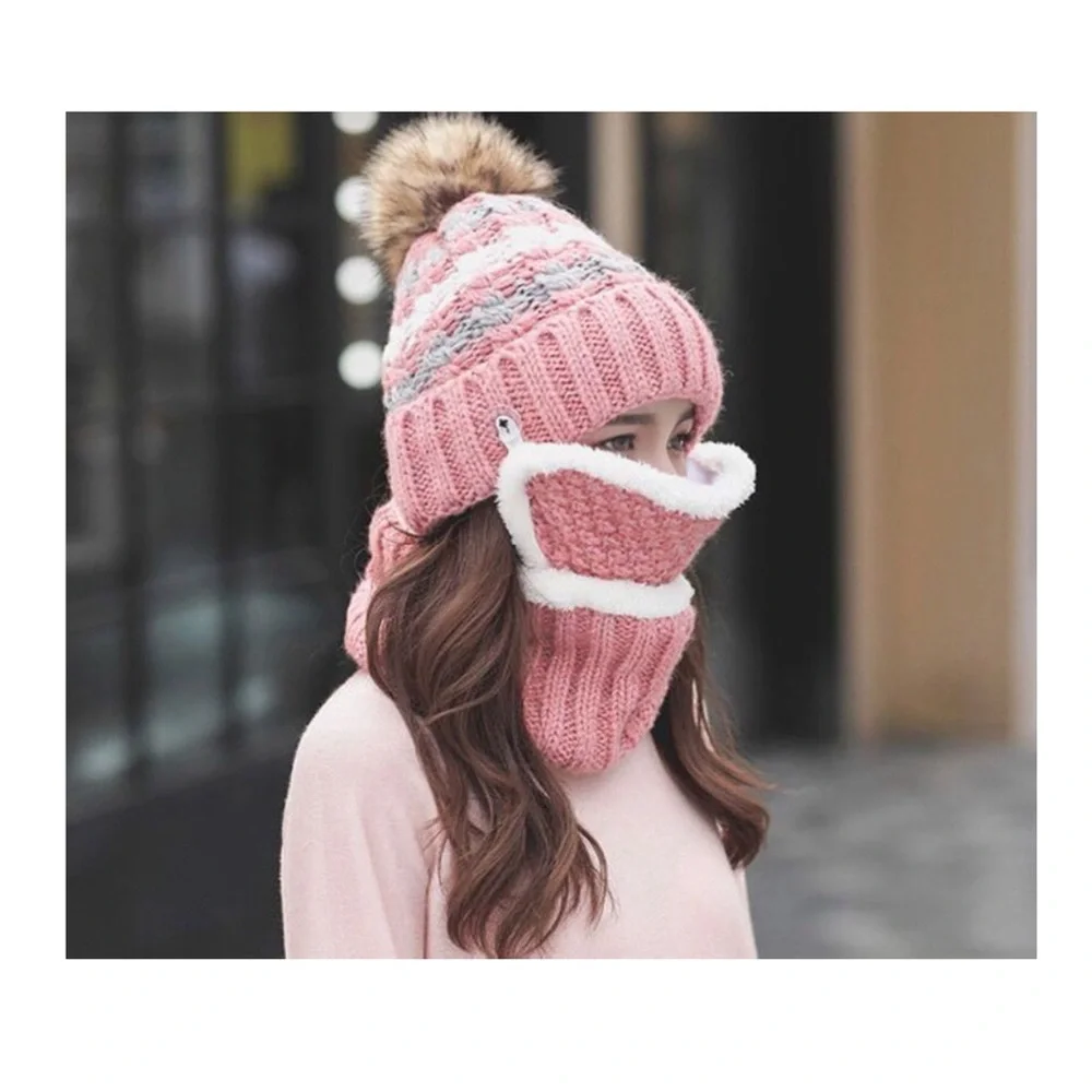 KNIT BEANIE HAT MASK NECK WARMER SCARF